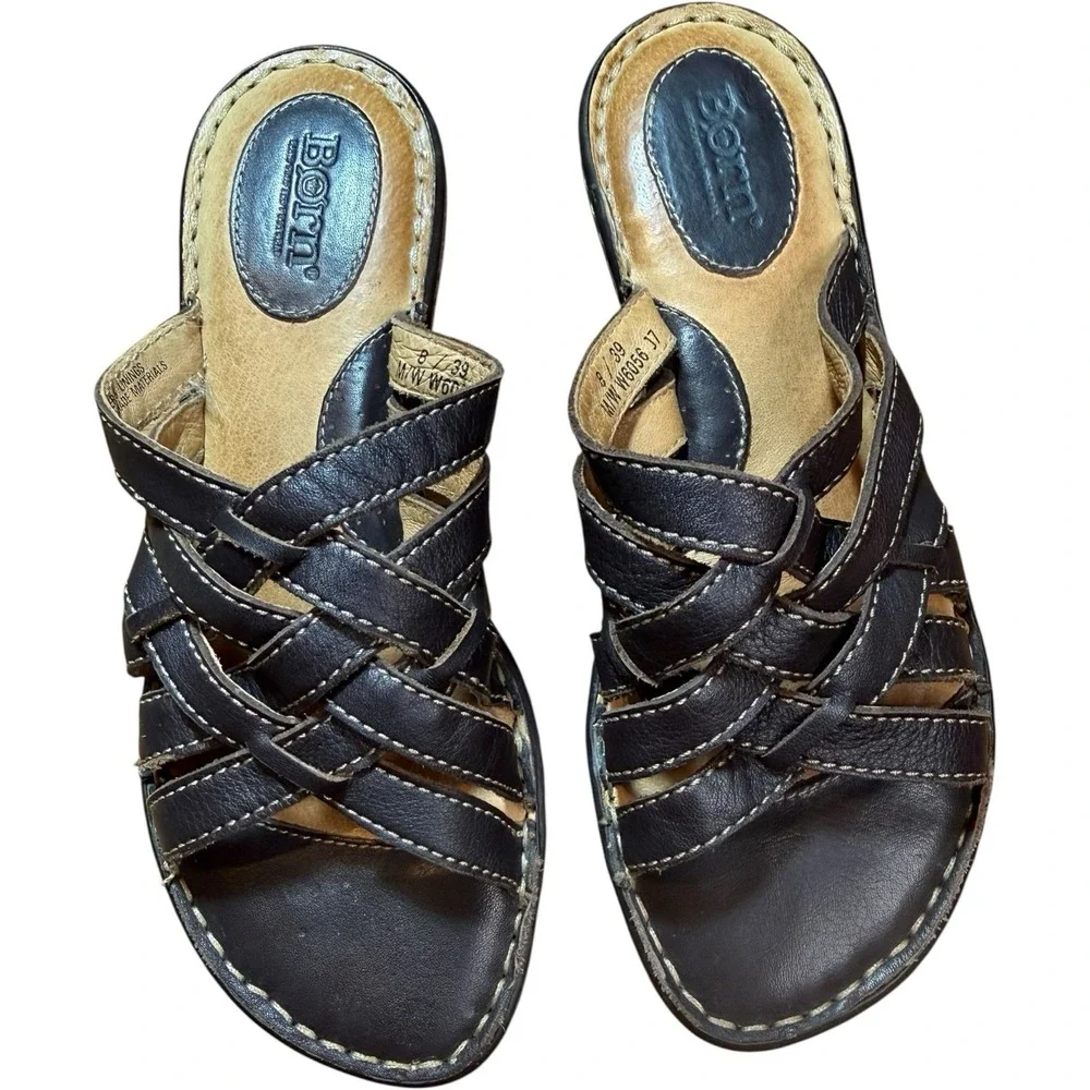 Born Brown Leather‎ Woven Strap Open Toe Slide Sandals - Women's 8 All Day Wear
